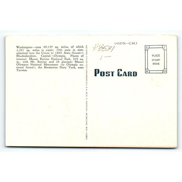 Greetings From Washington Map Postcard Hunter Brown Bear Lumberjack Linen Kropp - Picture 2 of 2